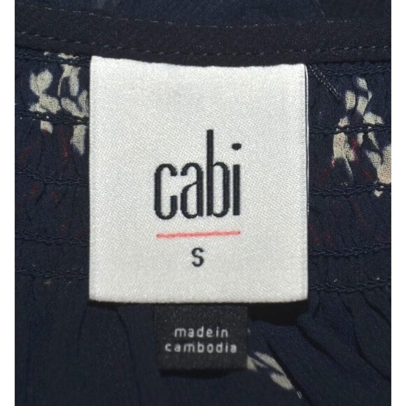 Cabi Sheer Blue Floral Long Sleeve Blouse Top Size S Tie Tassel Neckline Career - Picture 9 of 11